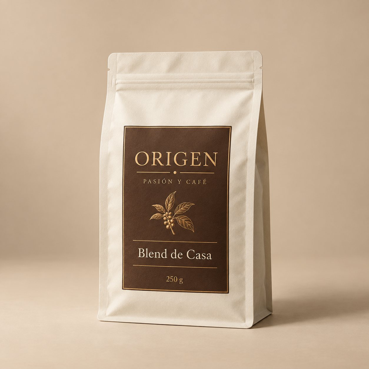 Ilustración de una bolsa de Blend de Casa de 250 g de Origen, Pasión y Café